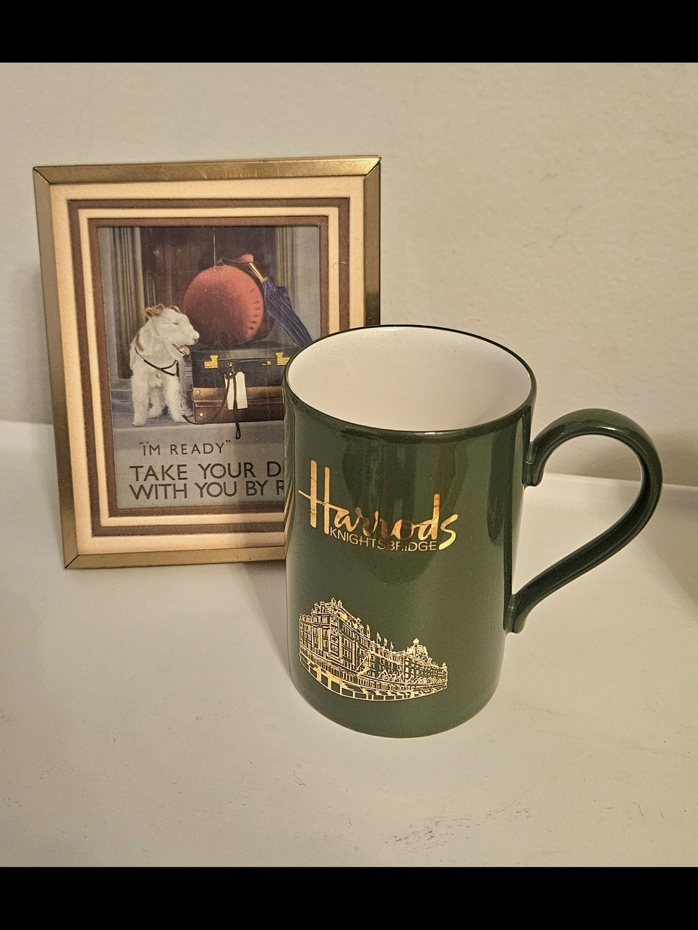 Harrods Dark Green Ceramic Mug with Gold Logo and Building Motif
